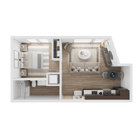 a stylized floor plan of a bedroom with a bathroom and a living room
